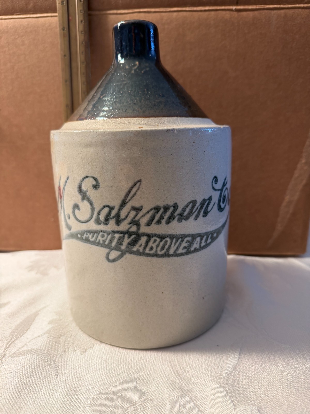 Antique 1/2 Gallon 9” M. Salzman Co Whiskey Jug, RCP Co Akron, Oh