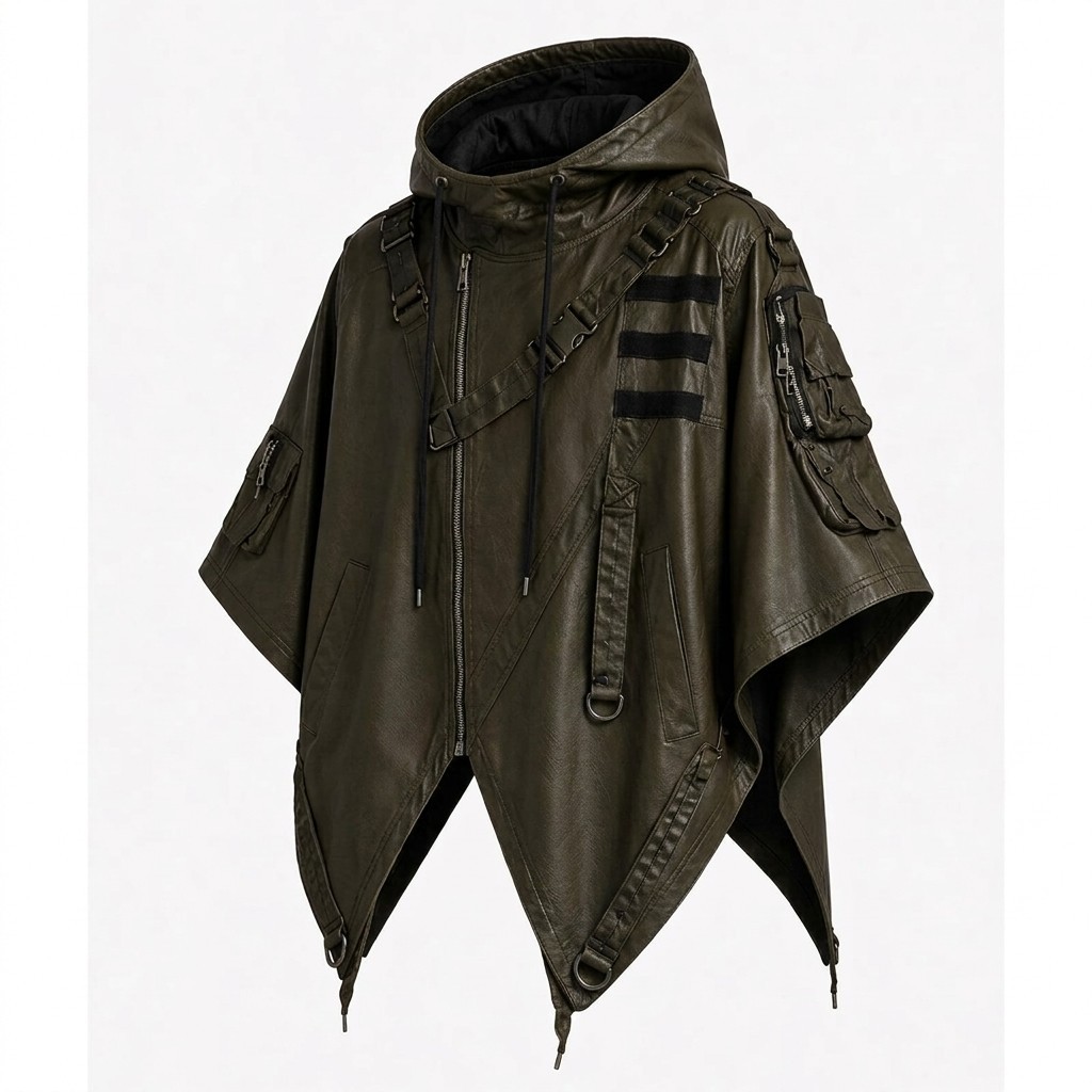 Men\'s Tactical Leather Hooded Poncho Cape Jacket Gothic Streetwear Olive Green Men\'s Tactical Leather Hooded Poncho Cape Jacket Gothic Streetwear Olive Green