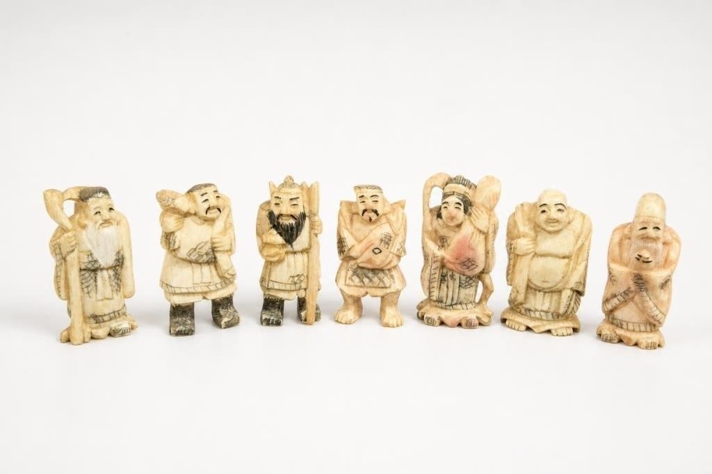 Vintage Hand Carved Seven Lucky Gods Figurine Set Vintage Hand Carved Seven Lucky Gods Figurine Set