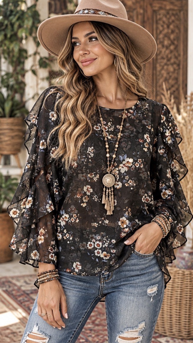 Easel Sheer Floral Top With Dramatic Ruffled Sleeves And A Feminine Design, M Easel Sheer Floral Top With Dramatic Ruffled Sleeves And A Feminine Design, M