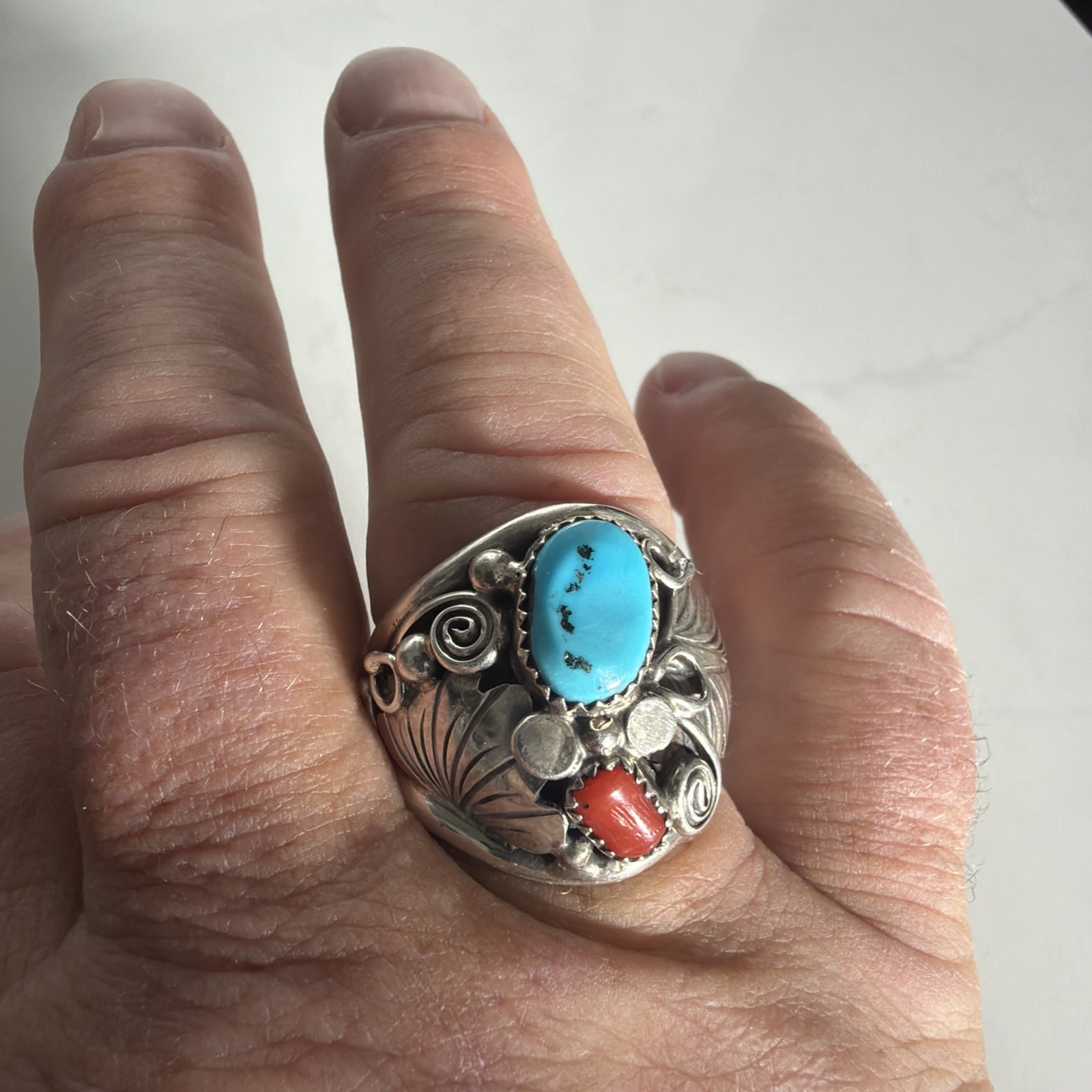 Signed Navajo Sterling Silver Turquoise/Coral Men’s Ring Size 13 1/2 Signed Navajo Sterling Silver Turquoise/Coral Men’s Ring Size 13 1/2