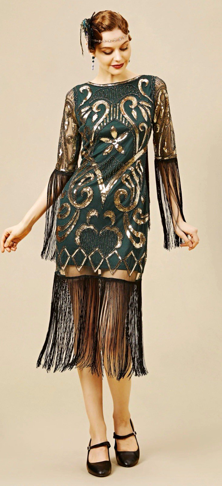 BABEYOND Green/Gold Sequin Fringe Beaded Round Neck Midi Flapper Dress Size S BABEYOND Green/Gold Sequin Fringe Beaded Round Neck Midi Flapper Dress Size S