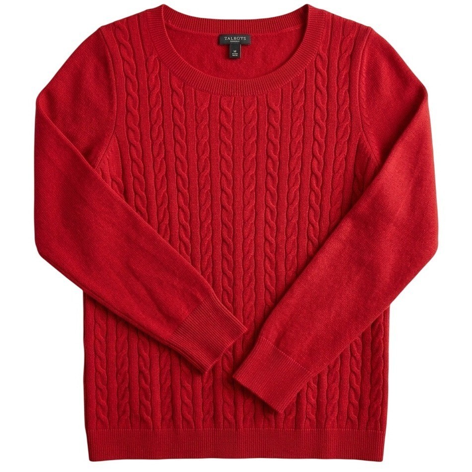 Talbots Cable Knit Sweater Womens Medium Petite Red Scoop Neck Wool Blend