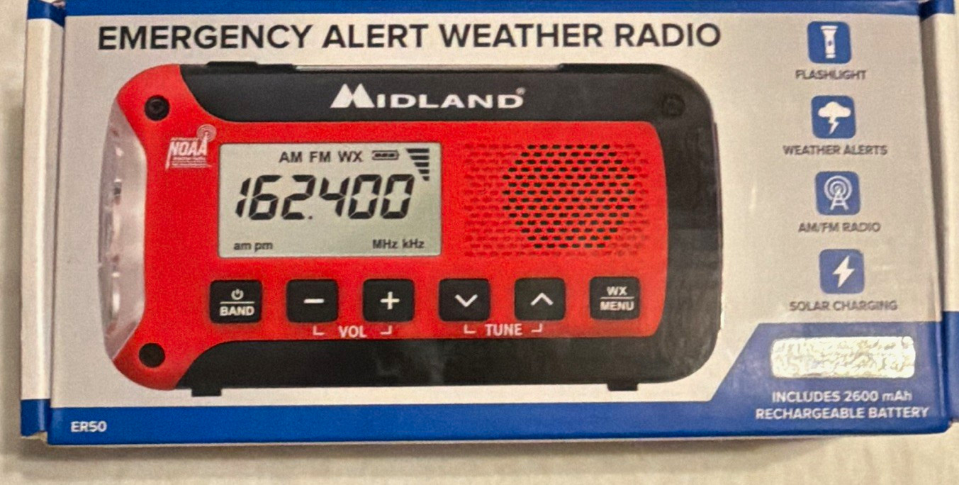 Midland ER50 AM/FM Weather Alert Radio Solar Hand Crank Flashlight Red/Black Midland ER50 AM/FM Weather Alert Radio Solar Hand Crank Flashlight Red/Black