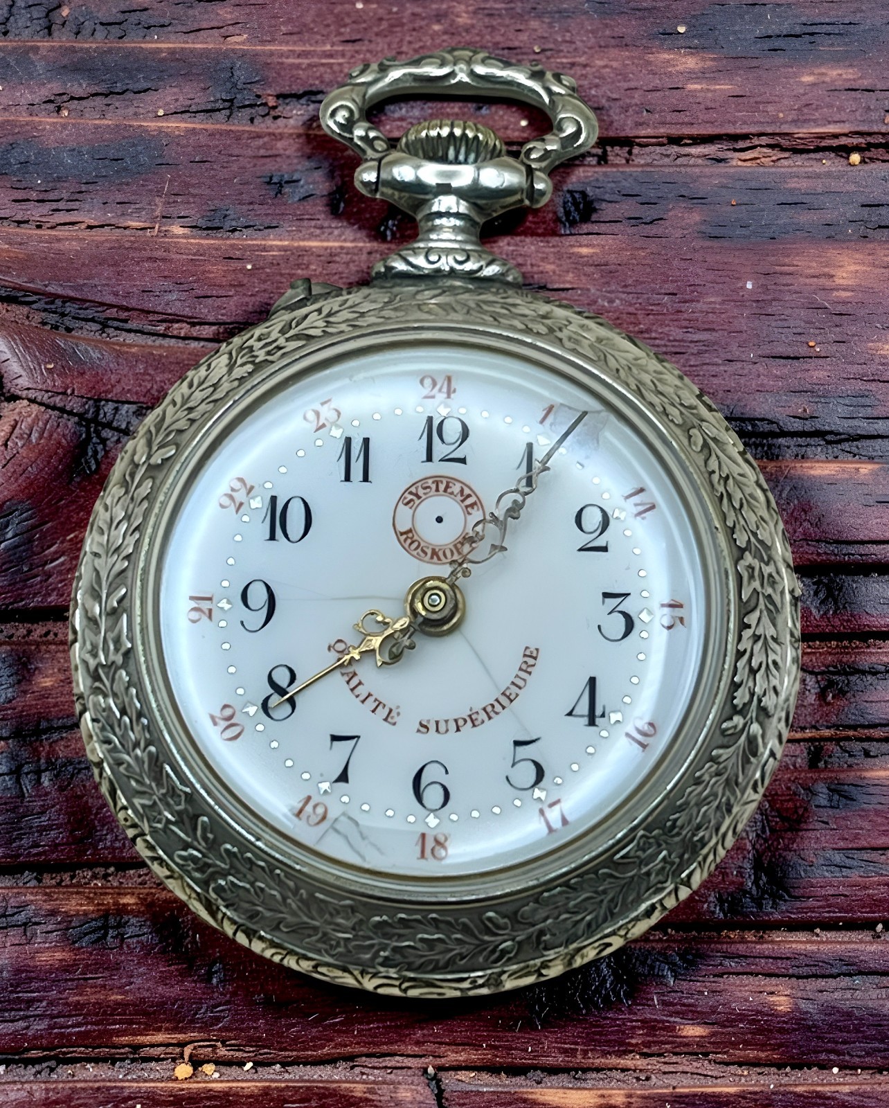 Antique Systeme Roskopf Pocket Watch Enamel Dial 24 Hour Engraved Case Serviced