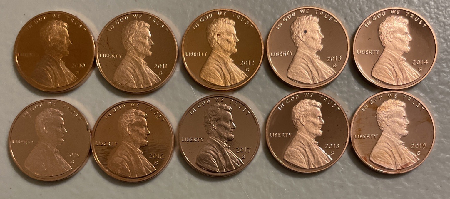 2010~2019 S Lincoln Shield Proof pennies With Minor Spots Selling As Is