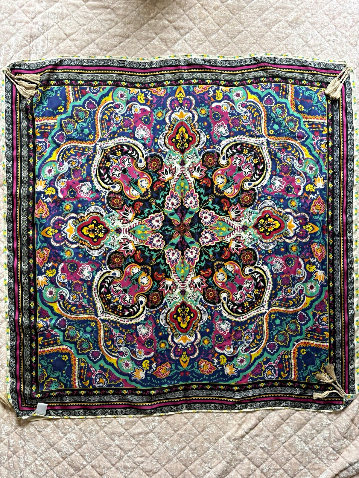 Johnny Was Silk Multicolor Floral Paisley Square Scarf with Tassels