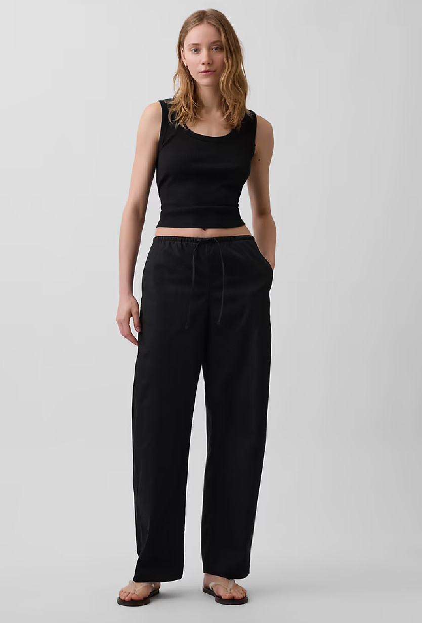 Gap Womens Petite Medium Poplin Easy Barrel Pants Black Cotton NWT
