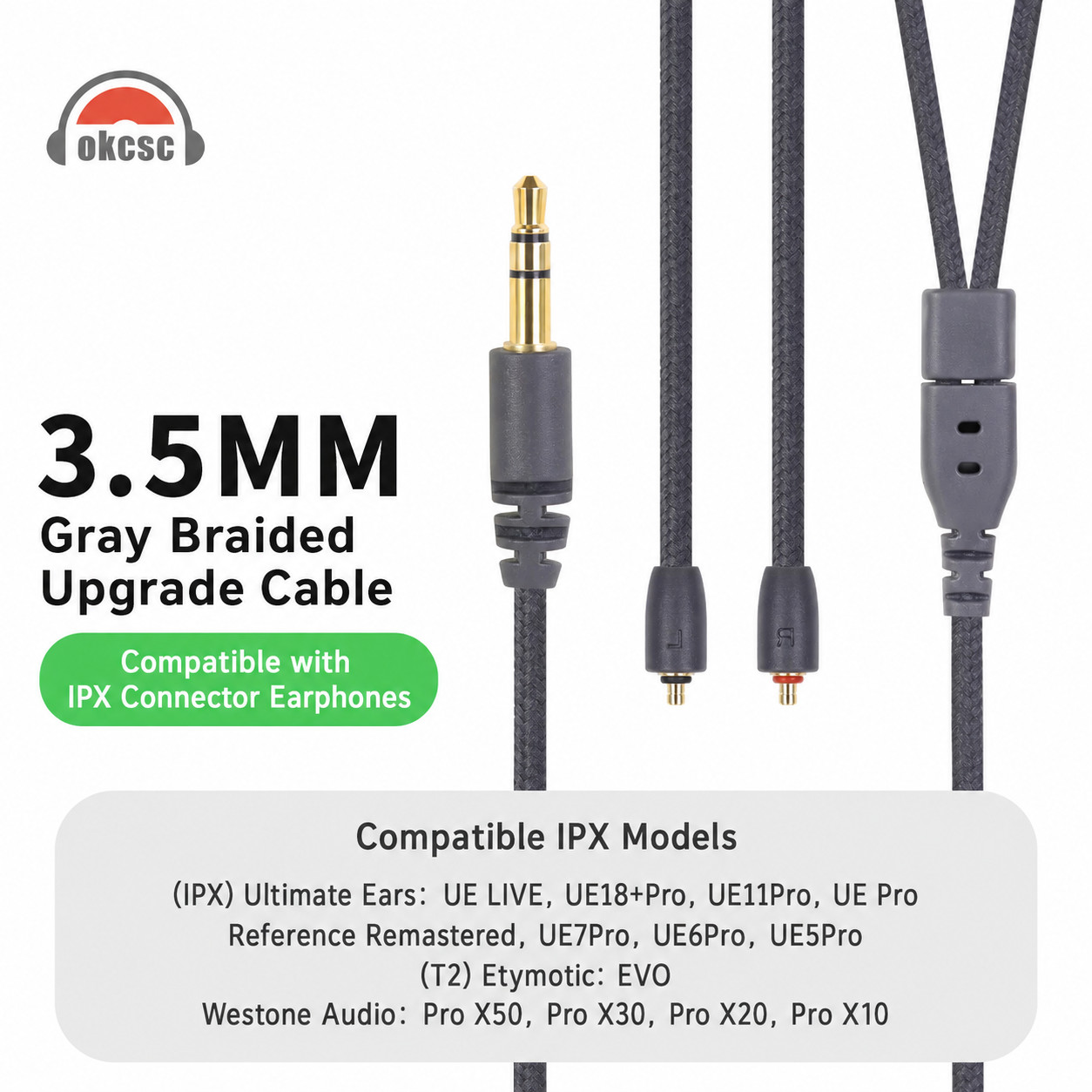 Braided IPX T2 Headphone Cable 3.5mm For UE Pro Westone Pro X Etymotic EVO