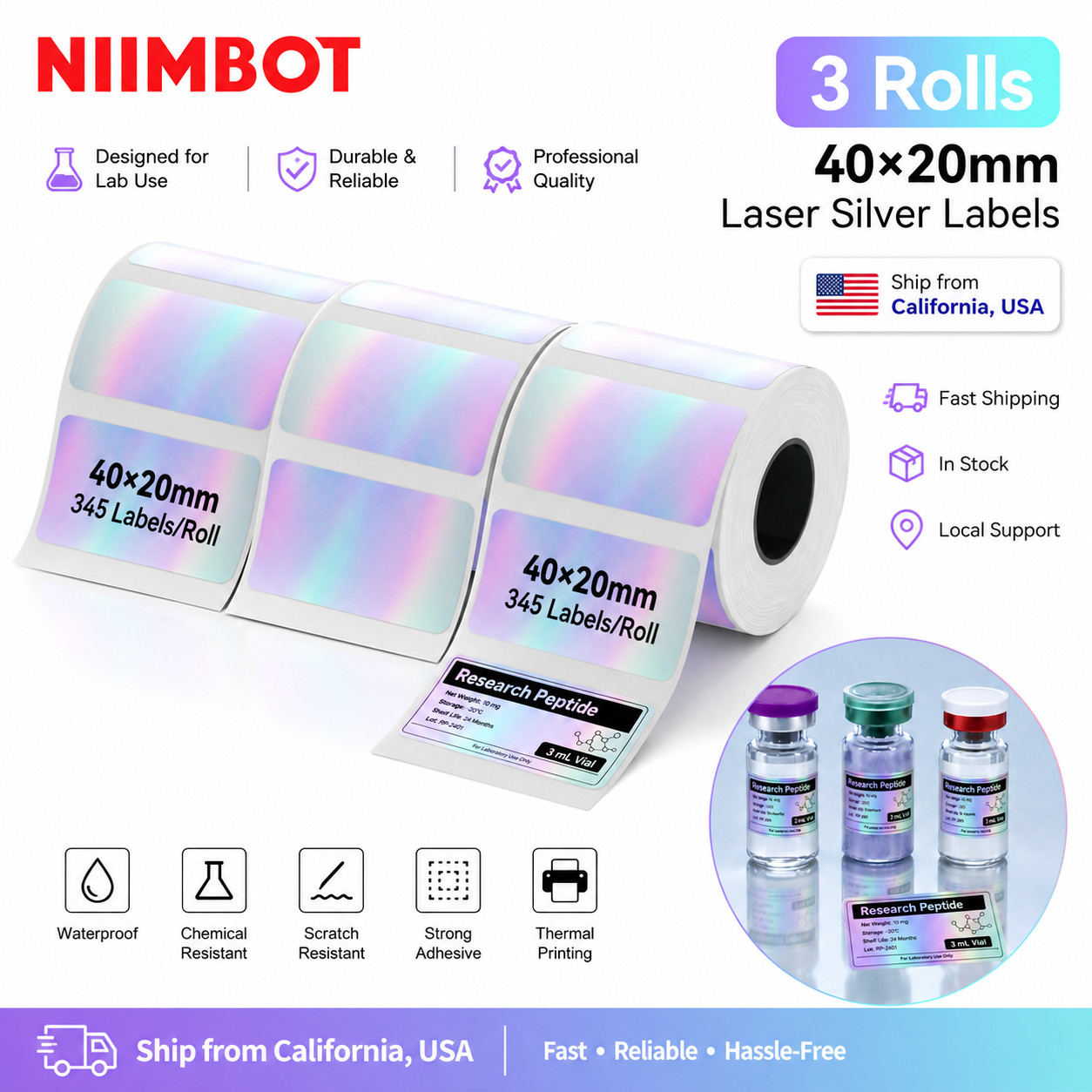 3PK NIIMBOT M2 40x20mm Laser Silver Labels for Lab Vials & Samples No smudge