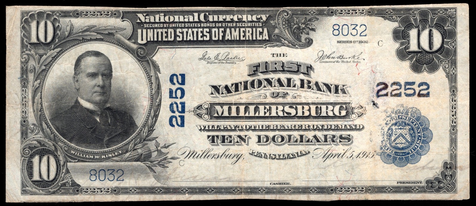 1902 $10 NATIONAL BANK NOTE PLAIN BACK LARGE SIZE CH# 2252 MILLERSBURG PA F/VF