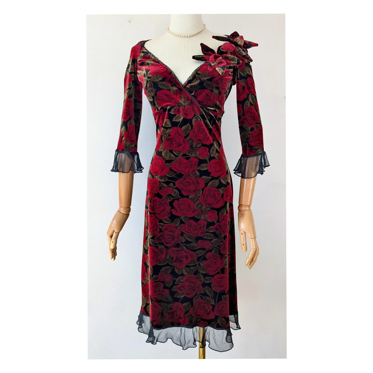 Vintage Red Rose Velvet Betsey Johnson New York Dress 2000s Y2K