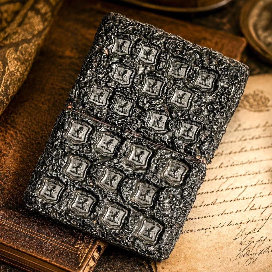 Victorian Antique Gutta-Percha Calling Card Case Heraldic Armorial Wax Seal Victorian Antique Gutta-Percha Calling Card Case Heraldic Armorial Wax Seal