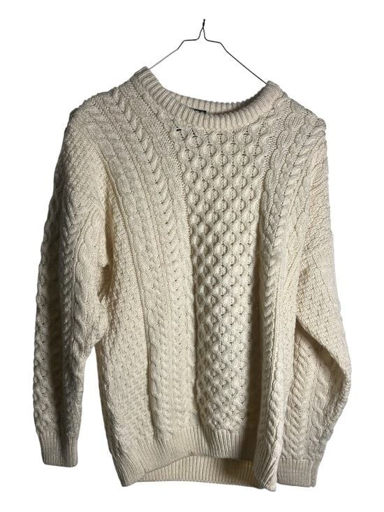 Classic Cream Cable Crewneck Sweater- 100% Irish Marino Wool- Carraig Donn