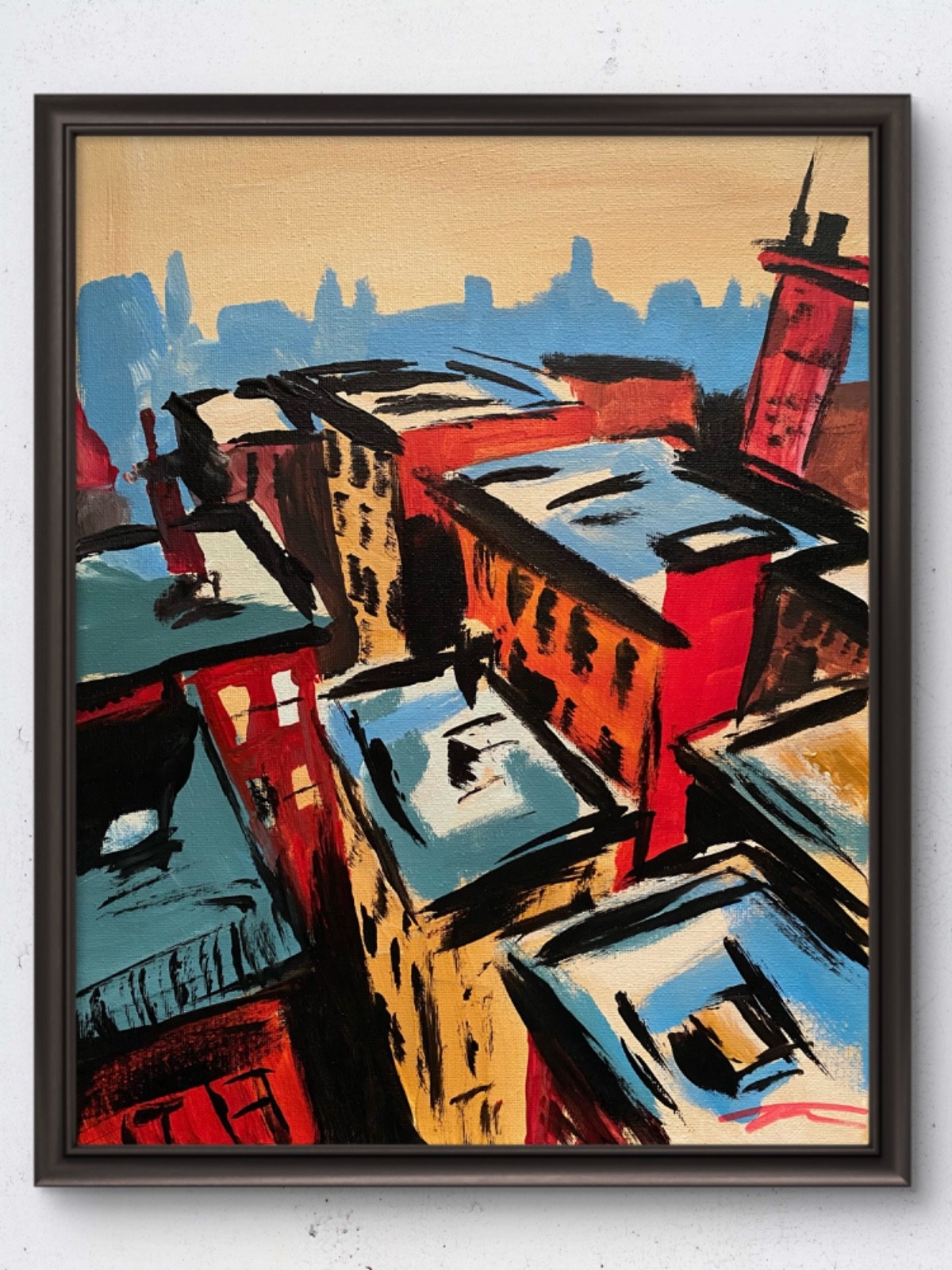Original 14x11 Expressionist City Rooftops Aerial View Painting Signed Canvas