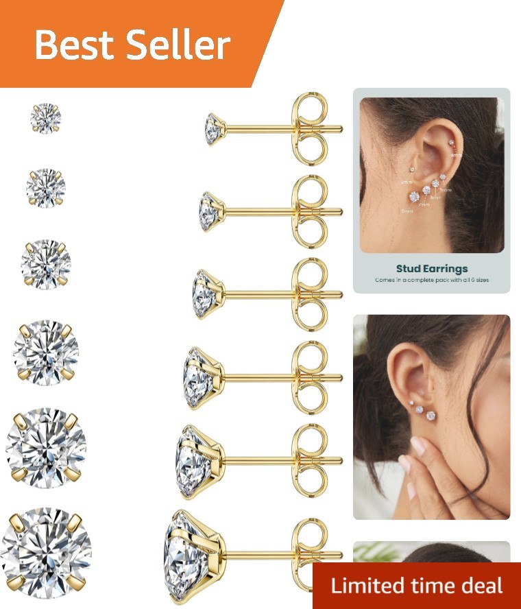 6 Pairs Hypoallergenic 14K Gold Stud Earrings Set - Chic CZ Heights 3-8mm