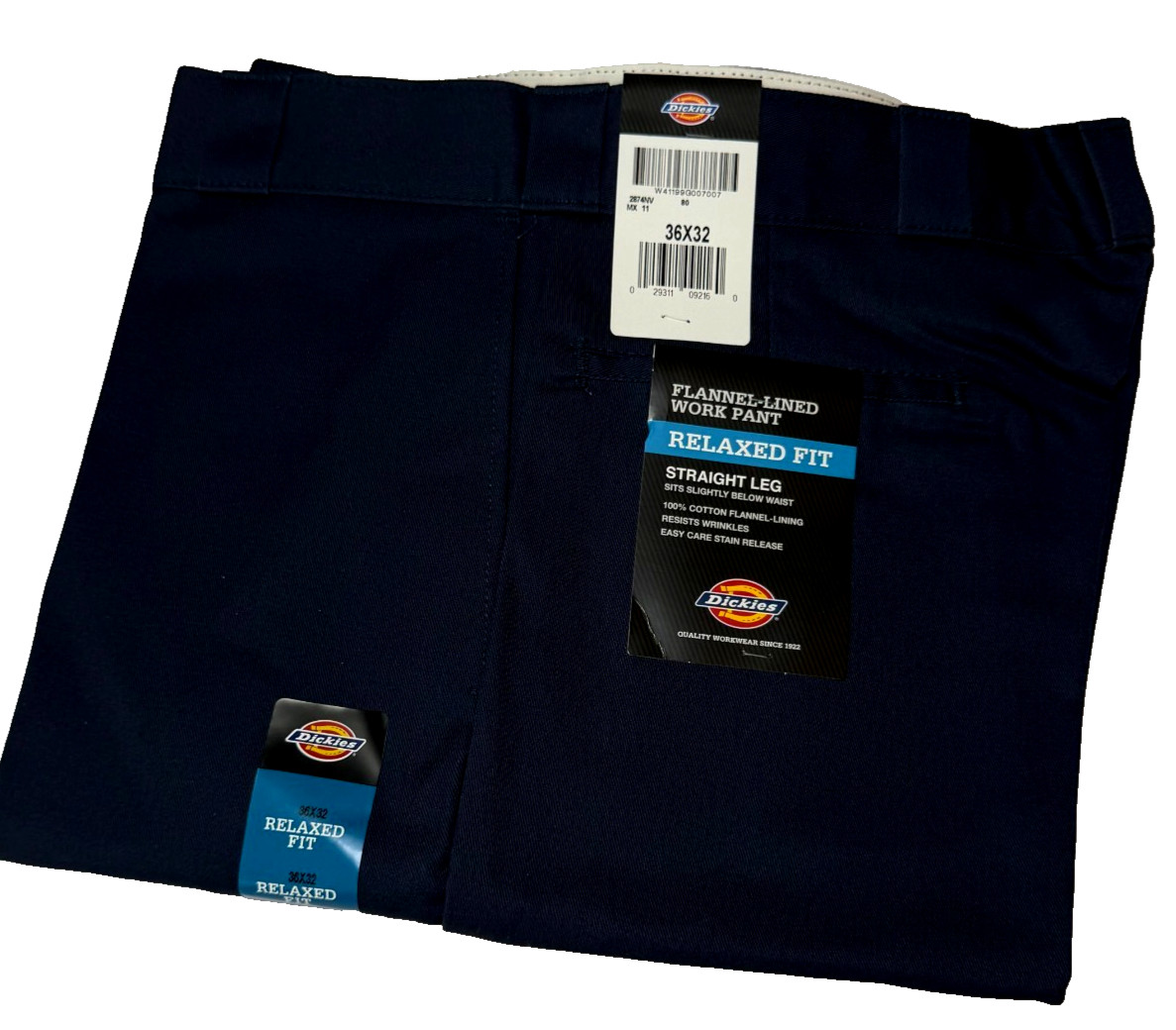 NWT Dickies Flannel Lined Mens Work Pants 36x32 Navy Blue Relaxed Fit