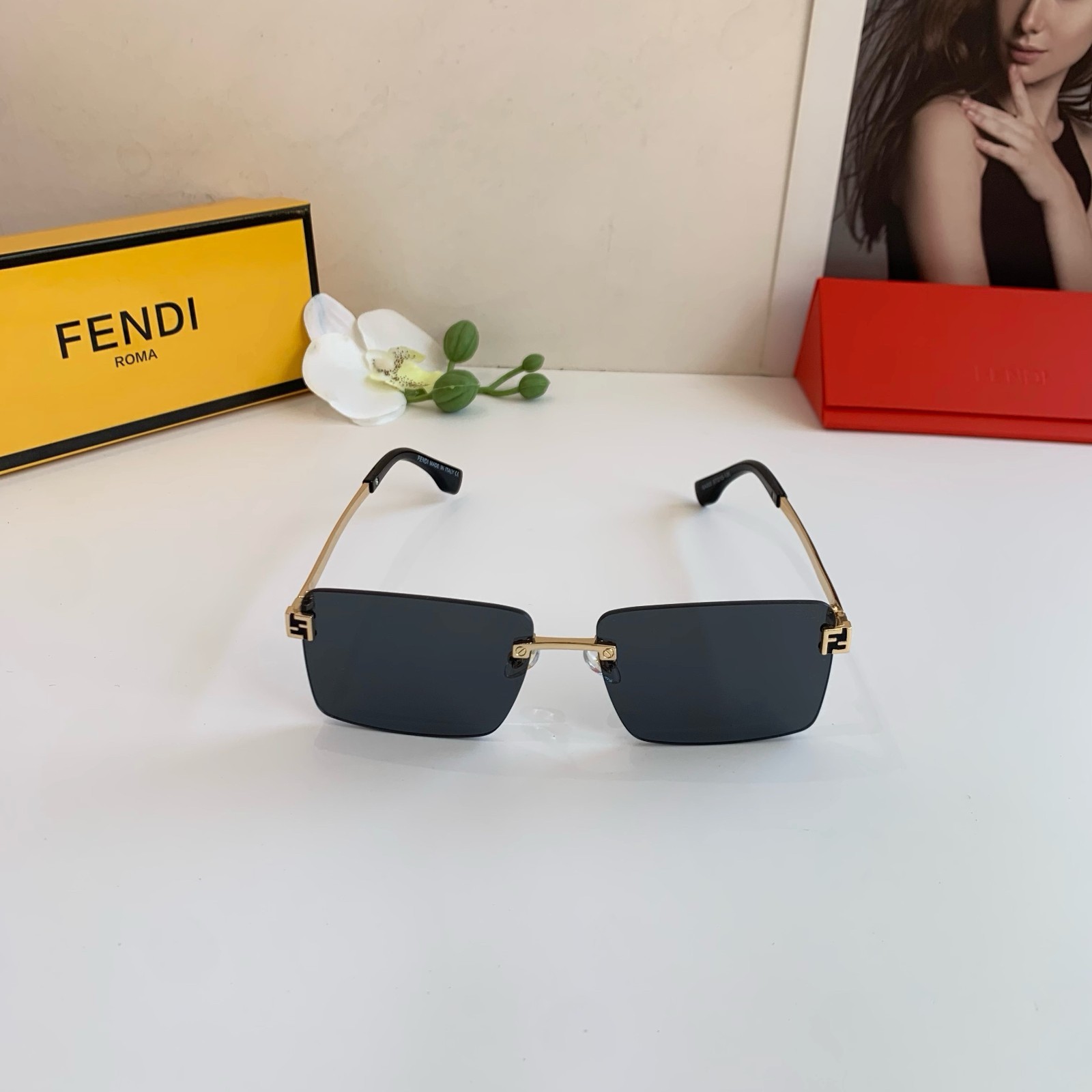 Fendi FE4082U Sunglasses 58‑16‑140 Gold Rimless Square Frame Dark Grey Lens Fendi FE4082U Sunglasses 58‑16‑140 Gold Rimless Square Frame Dark Grey Lens