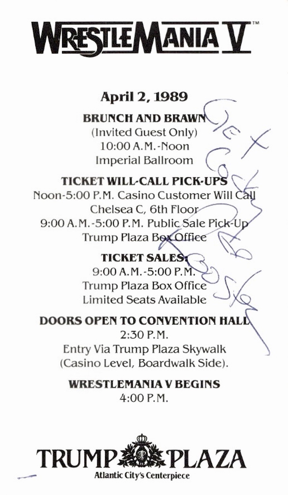 Original WWF WRESTLEMANIA V 1989 Red Rooster Hand Signed Event Lineup Lobby Card Original WWF WRESTLEMANIA V 1989 Red Rooster Hand Signed Event Lineup Lobby Card