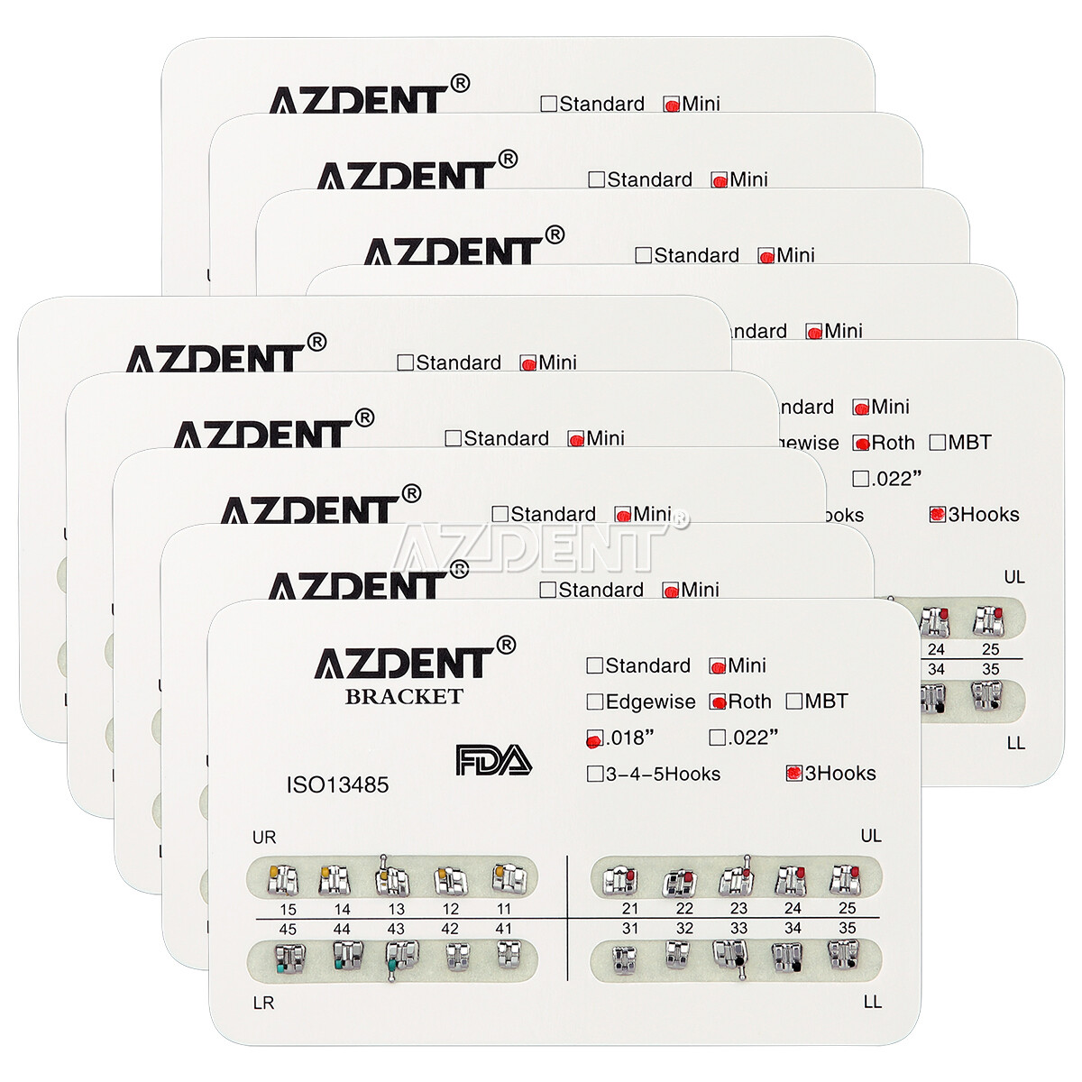 AZDENT Dental Ortho Brackets Braces Metal Mini/Standard Roth/MBT.022 Hooks 345