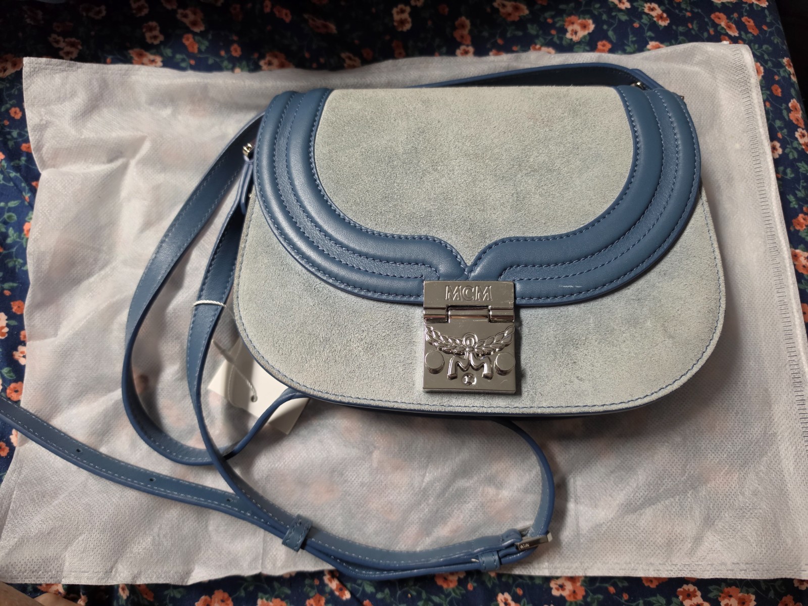 MCM Small Trisha Shoulder Bag crafted in a stylish combination of blue suede and