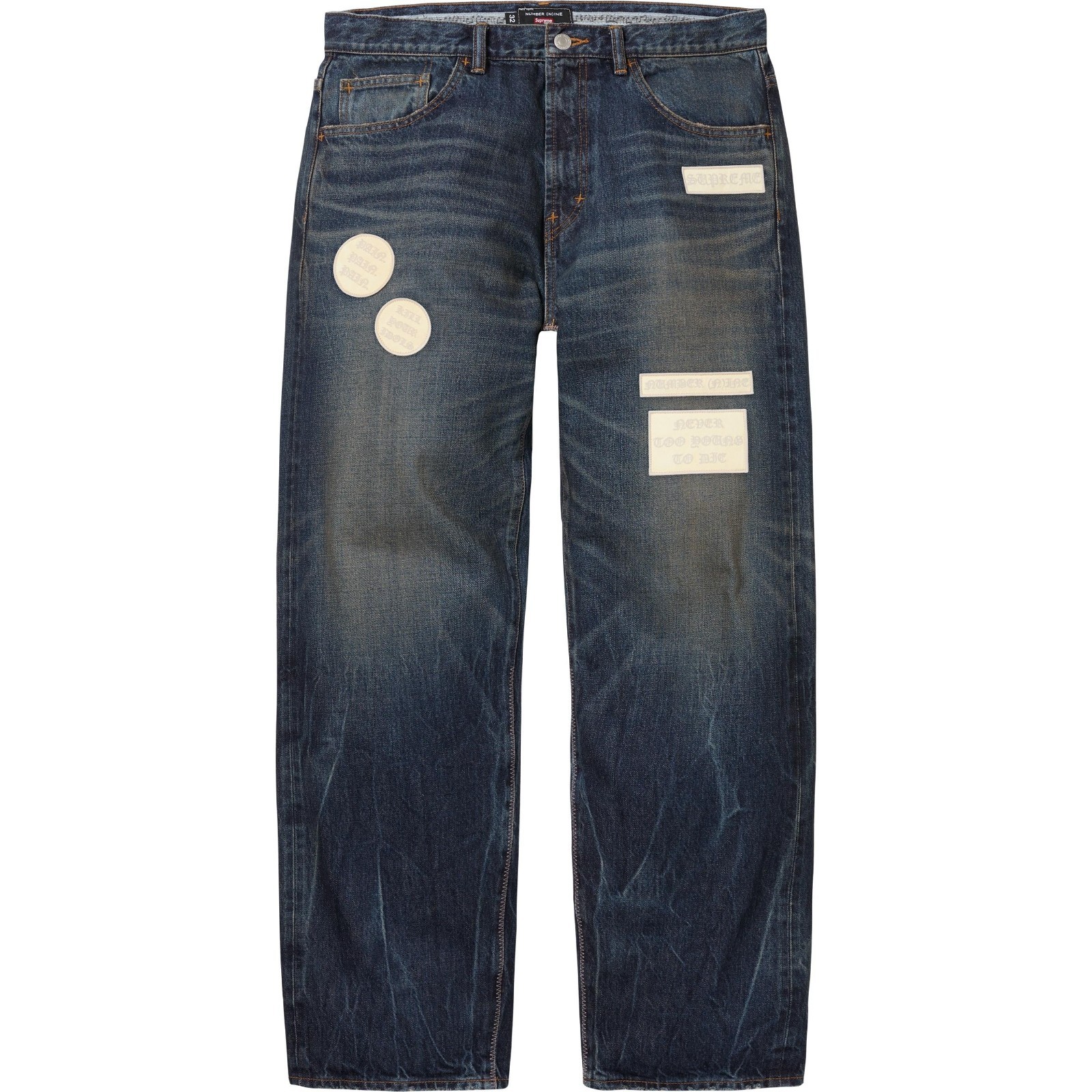 Supreme Number (N)ine Patches Loose Fit Selvedge Jeans Washed Indigo 36 NWOT