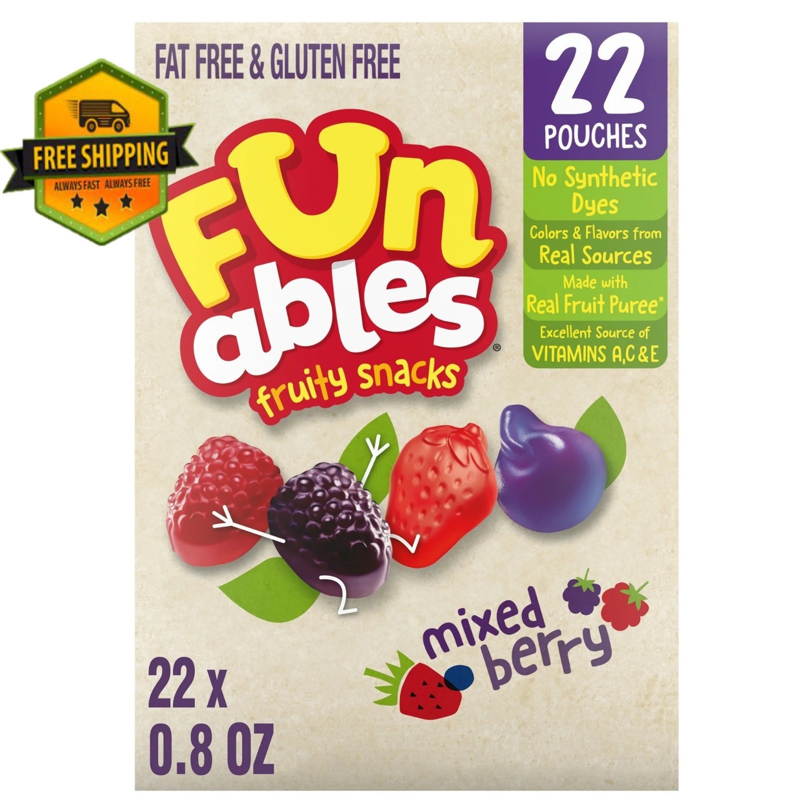 Funables Mixed Berry Fruity Snacks, 0.8 oz, Pack of 22