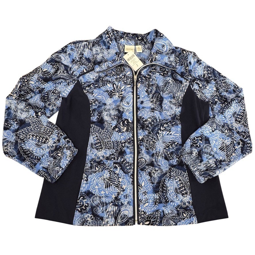 NWT Zenergy by Chicos Neema Paisley Print Full Zip Jacket Blue Multi 2 Large NWT Zenergy by Chicos Neema Paisley Print Full Zip Jacket Blue Multi 2 Large