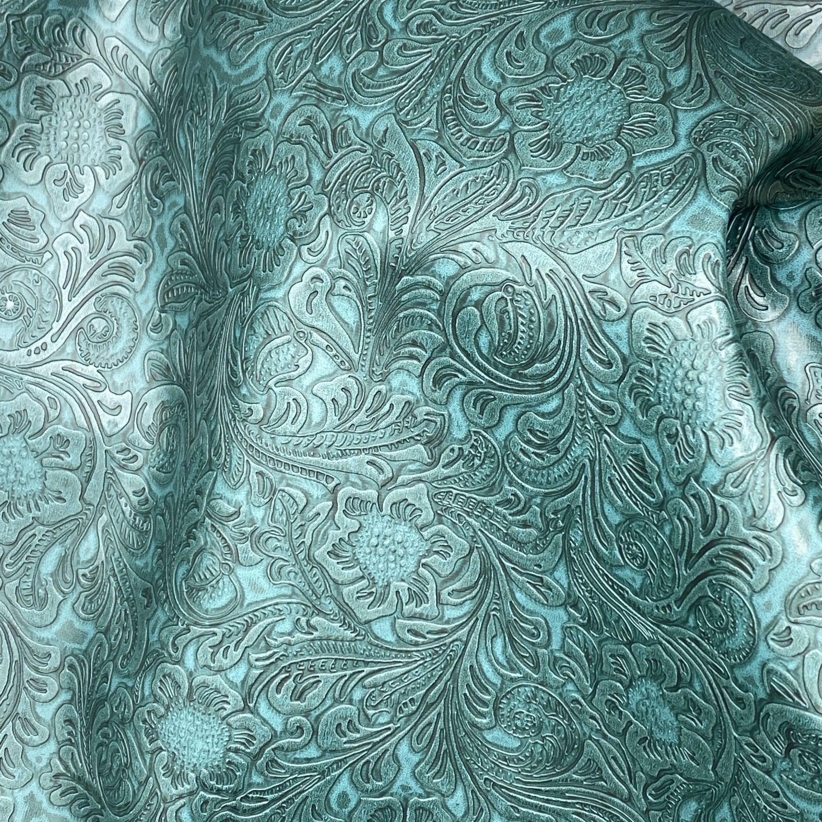 **VINYL** TURQUOISE Upholstery Western Floral Tooled Faux Leather Fabric Vinyl **VINYL** TURQUOISE Upholstery Western Floral Tooled Faux Leather Fabric Vinyl