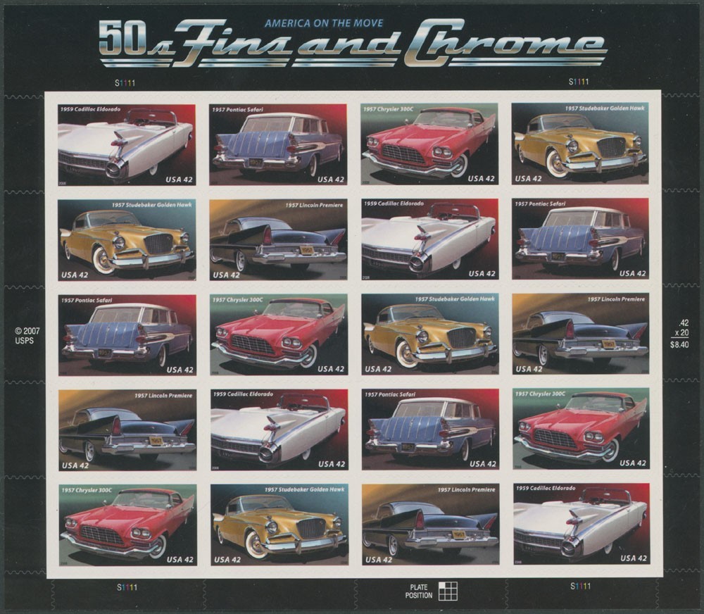 2008, USA, CLASSIC CARS, 42C MULTI,  SELF-ADHESIVE PANE OF 20, SC.#4357a