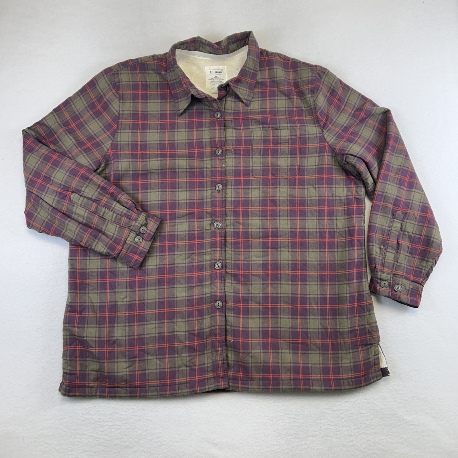 L.L. Bean Shirt Jacket Womens XL Purple Plaid Flannel Fleece Lined Button Front