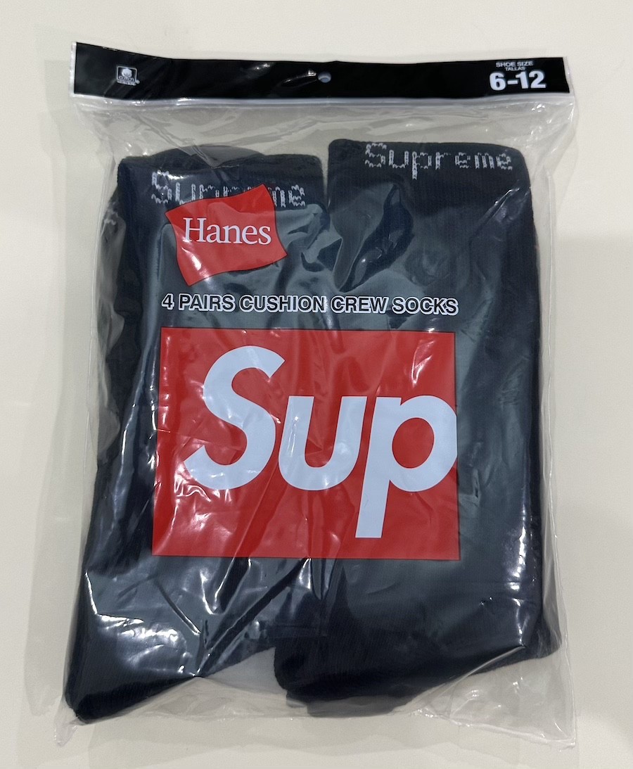 Supreme X Hanes Crew Socks - Black, 4 Pack, Size 6-12