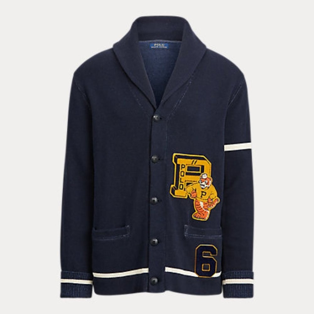 Polo Ralph Lauren Mens Navy  Logo Tiger Patch Letterman Cardigan Sweater Jacket