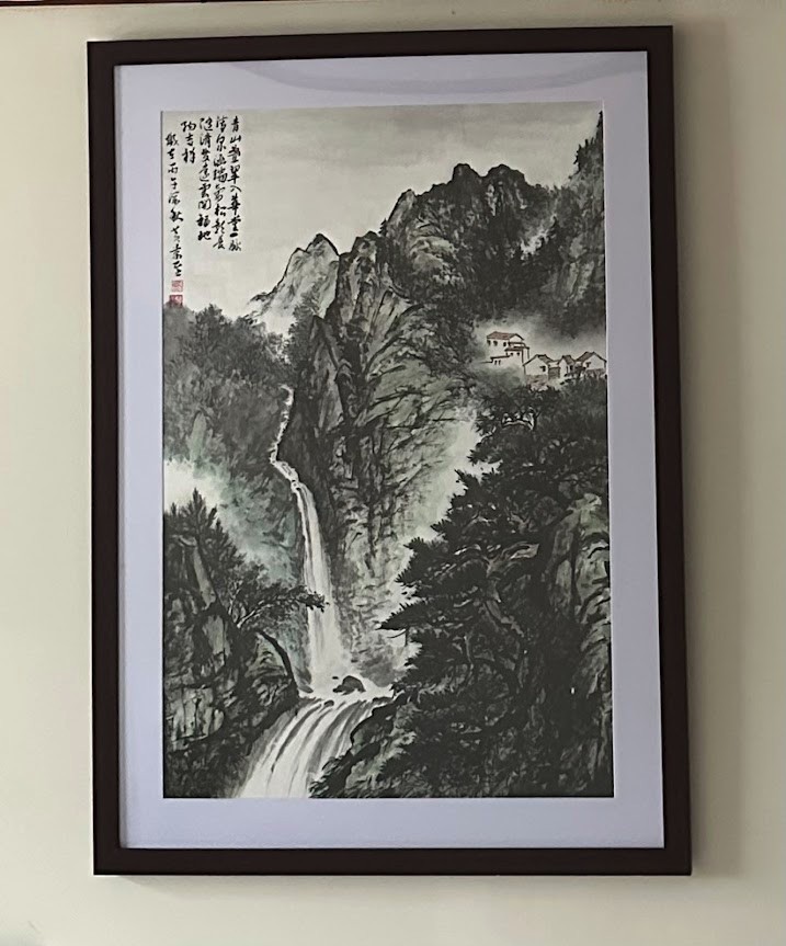 Framed Chinese Traditional Painting, village, waterfall and mountain landscape Framed Chinese Traditional Painting, village, waterfall and mountain landscape