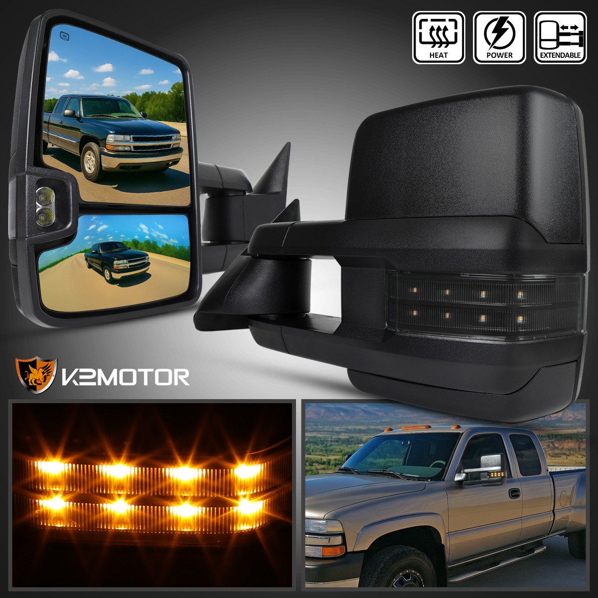 Fits 1999-2002 Chevy Silverado Sierra Power Heated+Smoke LED Signal Tow Mirrors Fits 1999-2002 Chevy Silverado Sierra Power Heated+Smoke LED Signal Tow Mirrors