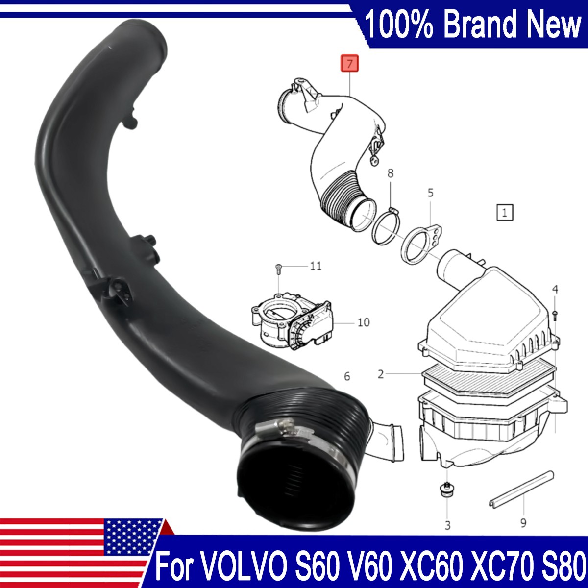 Engine Air Intake Hose 31338460 Fit For 2008-2016 Volvo S60 V60 XC60 XC70 S80