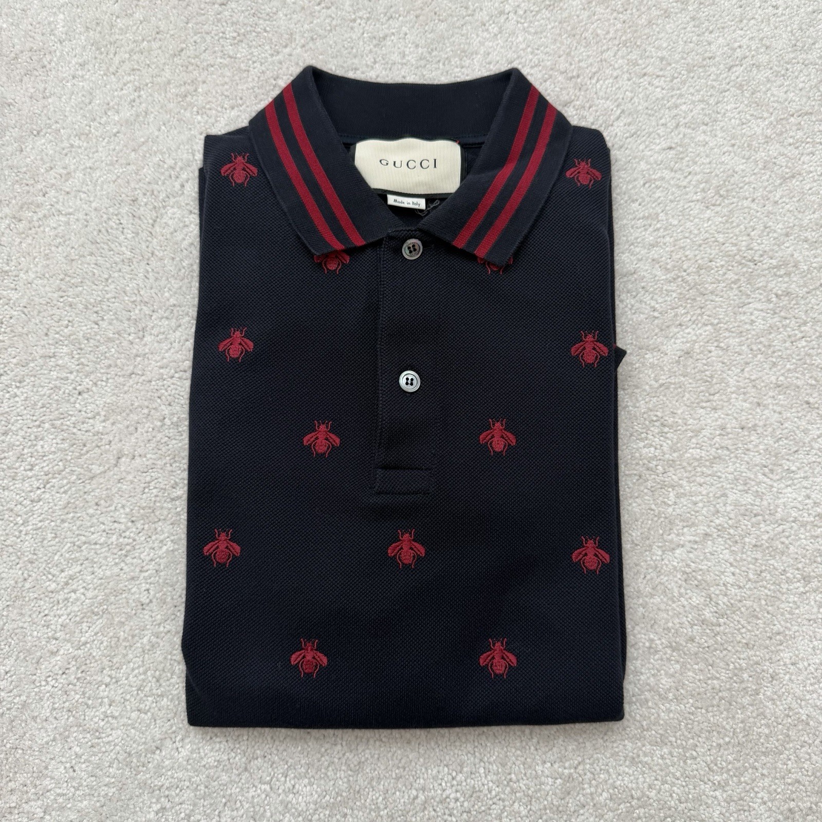 GUCCI Polo Shirt Men\'s Bee Accent Logo XXL Navy Blue Slim Fit Short Sleeve