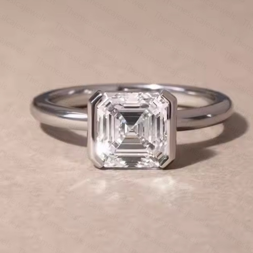 2.57 Ct Asscher Cut Moissanite Half Bezel Engagement Ring 14K White Gold Plated 2.57 Ct Asscher Cut Moissanite Half Bezel Engagement Ring 14K White Gold Plated