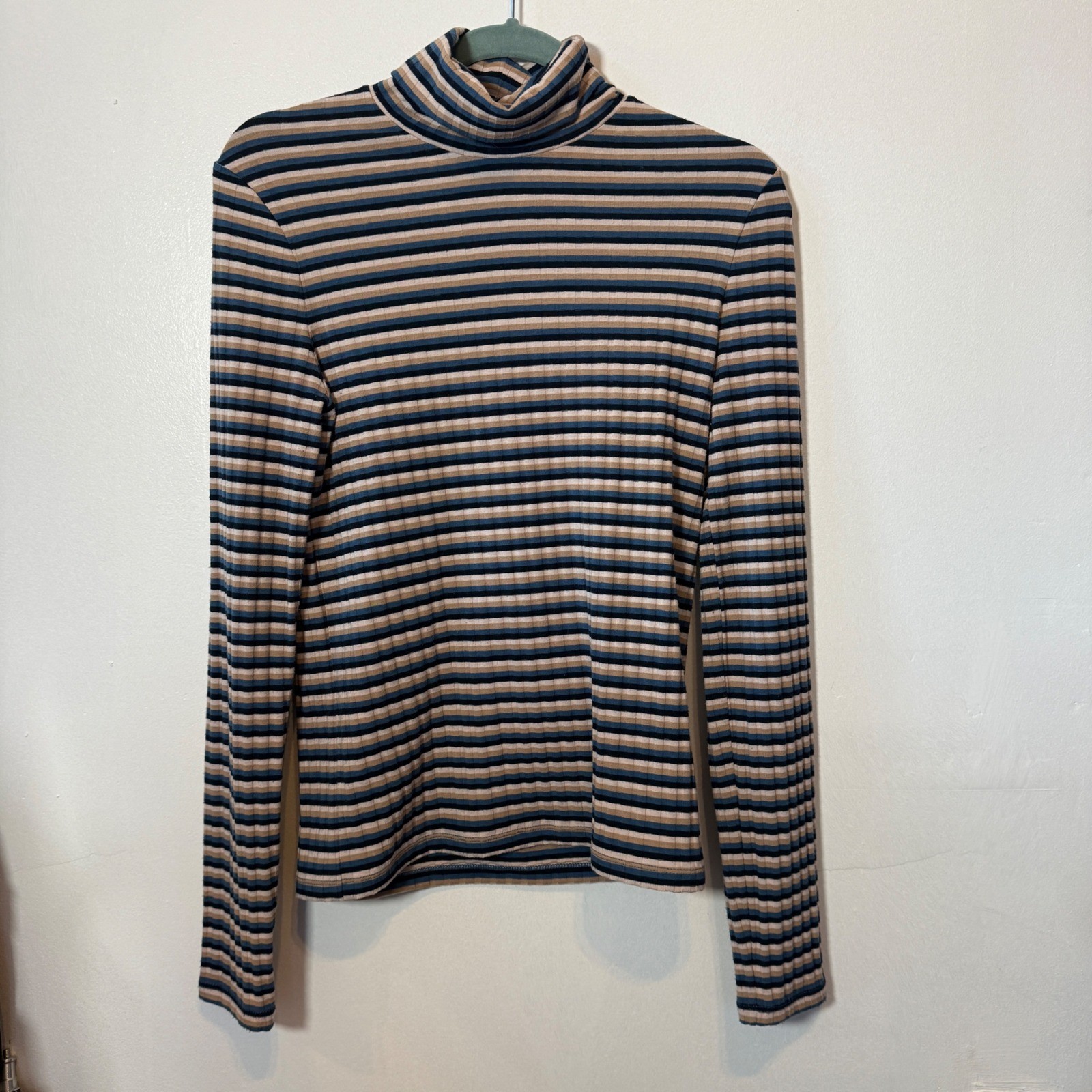 Madewell Ribbed Turtleneck Top Blue Tan Striped Long Sleeve Size Medium
