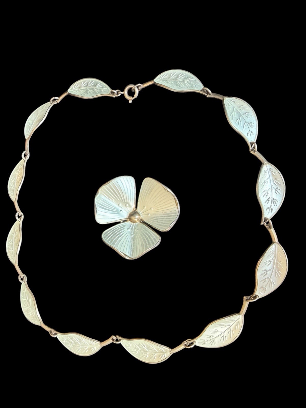 Vintage David Andersen Norway Sterling White Enamel Leaf Necklace & Brooch Set Vintage David Andersen Norway Sterling White Enamel Leaf Necklace & Brooch Set