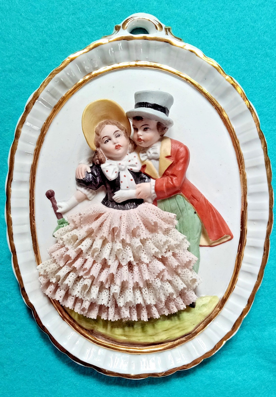 Rare Antique Sitzendorf German Porcelain Dresden Lace 3D Couple Wall Decor