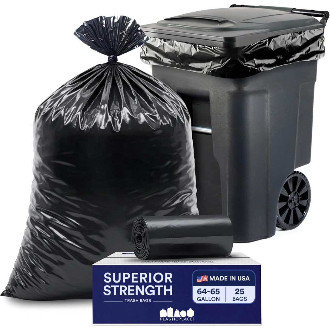 Plasticplace 64-65 Gallon Black Trash Bags, Heavy Duty Toter Can Liners, Tear &