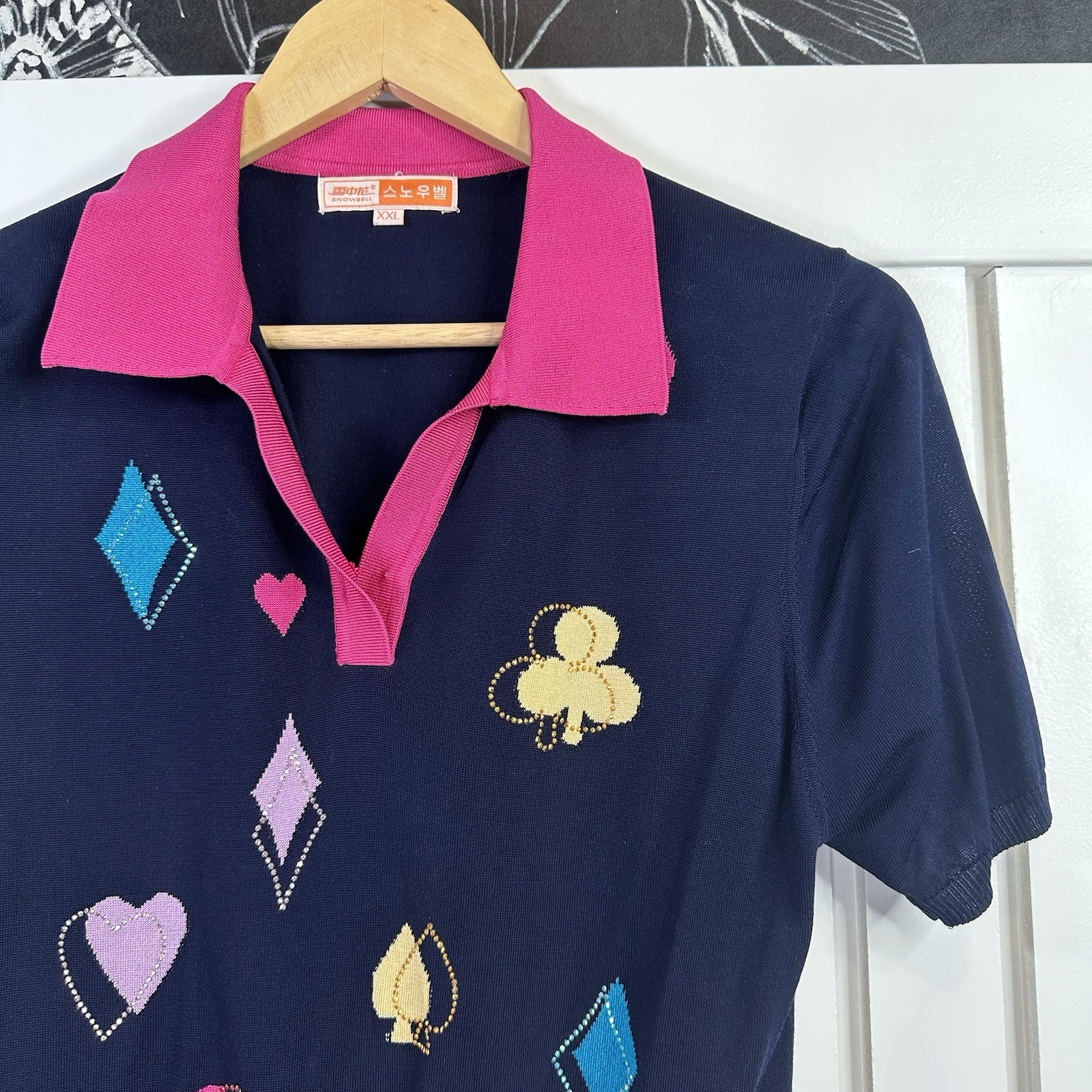 Vintage Y2K Snowbell Silk Blend Polo Top Playing Cards Rhinestone Navy Pink
