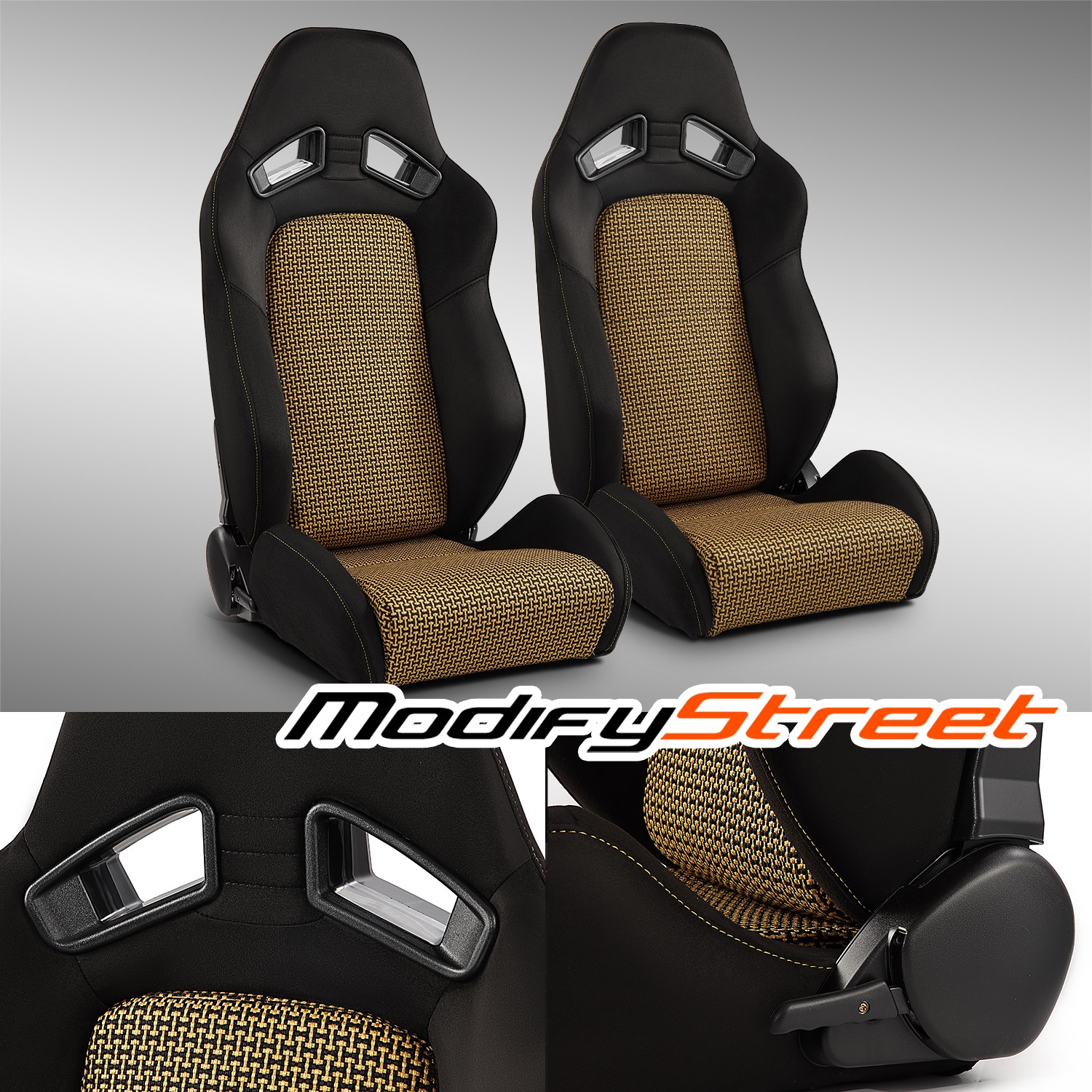 2 x Universal Black+Gold I-pattern PVC Reclinable Racing Seats Left/Right 2 x Universal Black+Gold I-pattern PVC Reclinable Racing Seats Left/Right