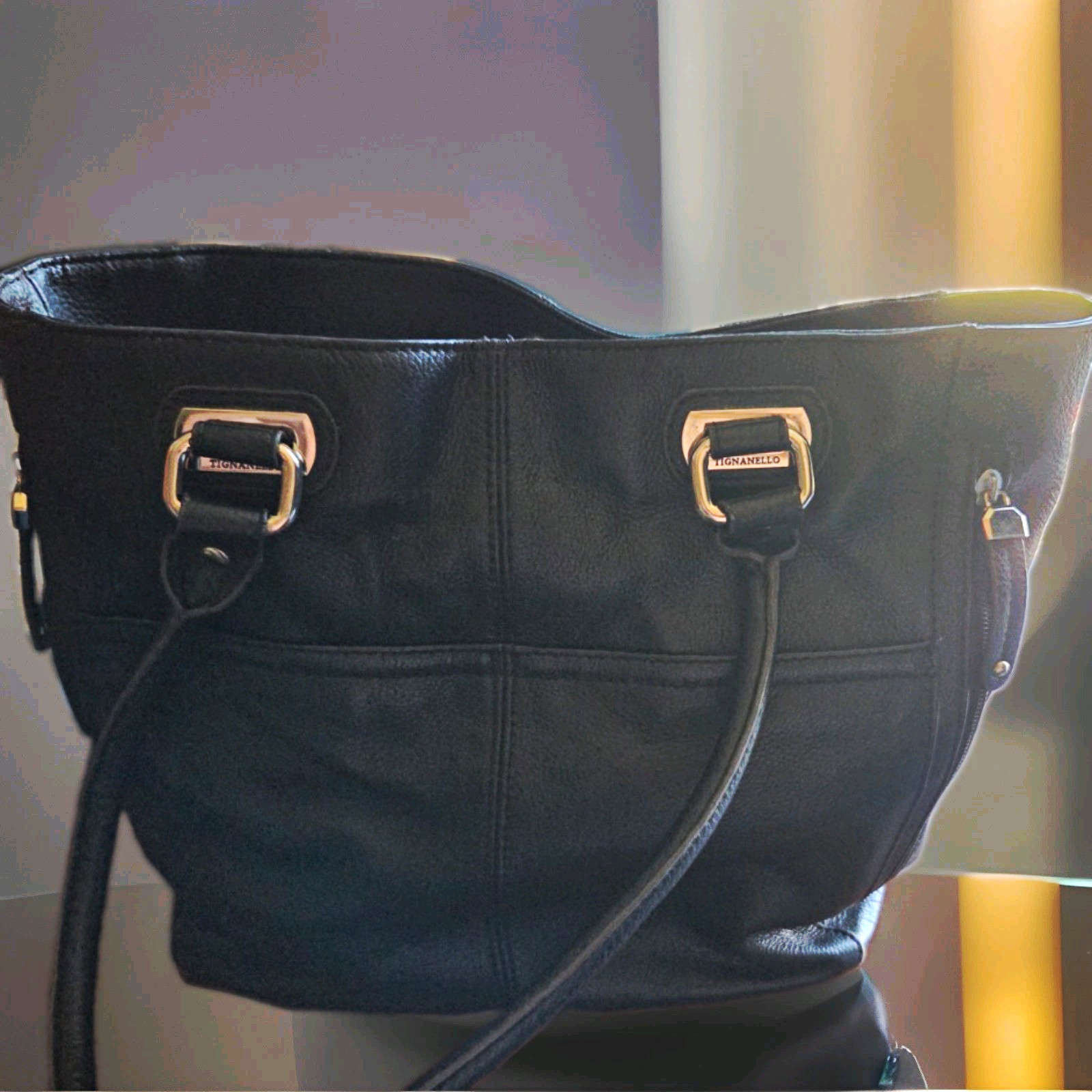 Tignanello Black Large Pebbled Shoulder Bag Striped Lining Detachable Strap Tignanello Black Large Pebbled Shoulder Bag Striped Lining Detachable Strap