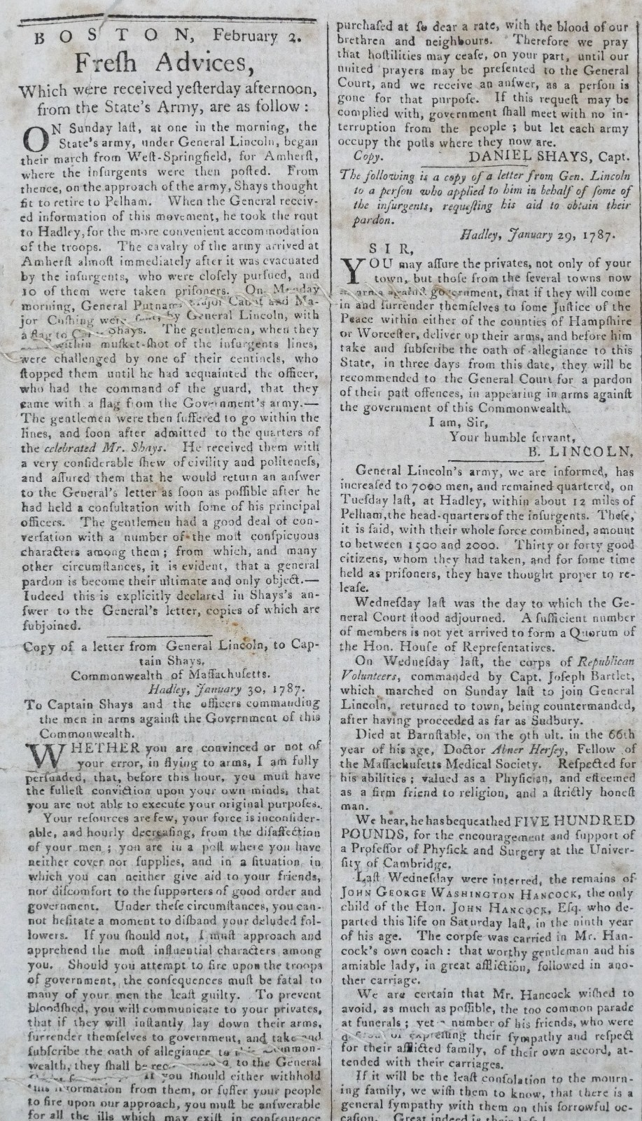 1787 Massachusetts Gazette SHAYS REBELLION Daniel Shays Lincoln ORIGINAL