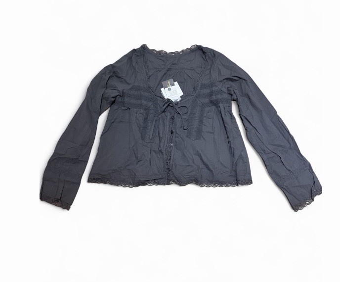 Black Boho Lace Trim Long Sleeve Blouse Tie Front Flowy Peasant Top Large NWT