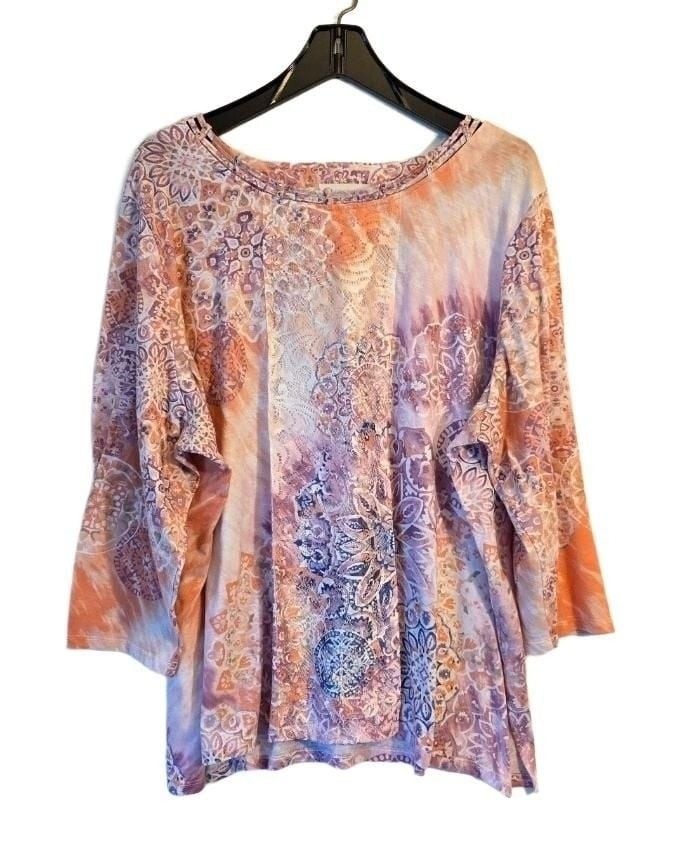 Alfred Dunner Women\'s 3X Floral Lace Tunic Top w/ 3/4 Sleeves and Mandala Print Alfred Dunner Women\'s 3X Floral Lace Tunic Top w/ 3/4 Sleeves and Mandala Print