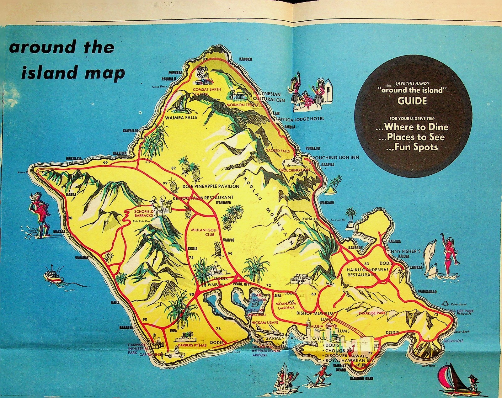 Vintage Oahu Hawaii Tourist Map Brochure Around The Island Guide Waikiki 9x12\