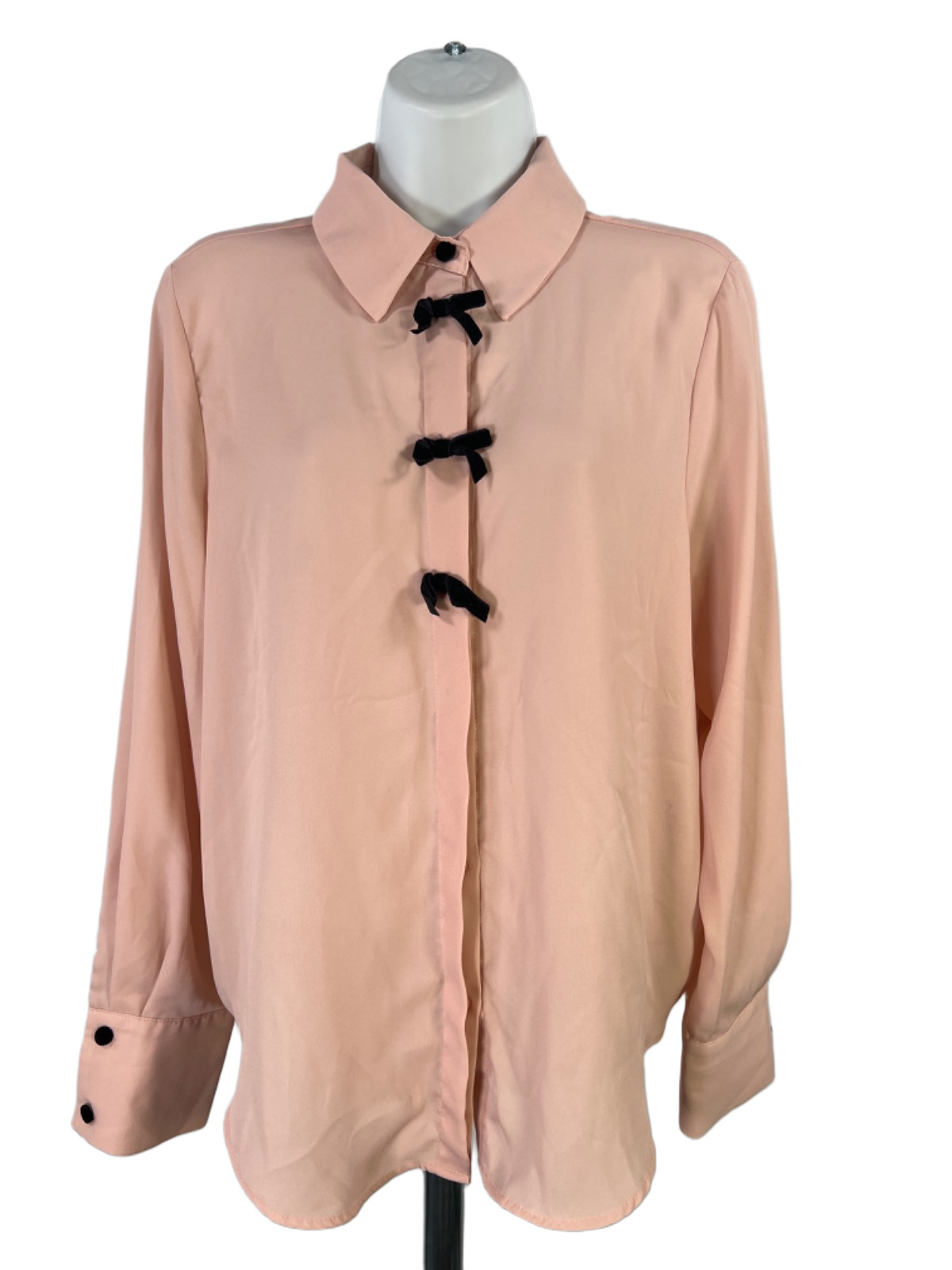 Zara Women\'s Pink Bow Front Long Sleeve Button Up Blouse - M